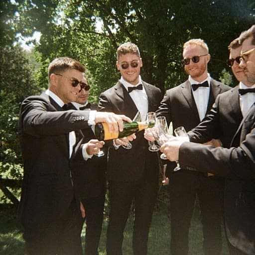Groomsmen in tuxedos pouring champagne for a toast before the ceremony