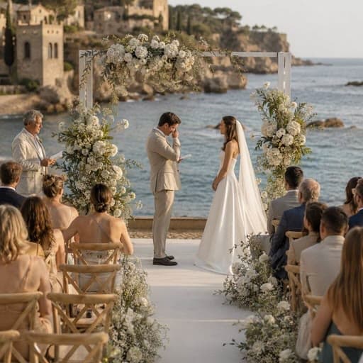 Wedding ceremony beside the sea under a white floral arch