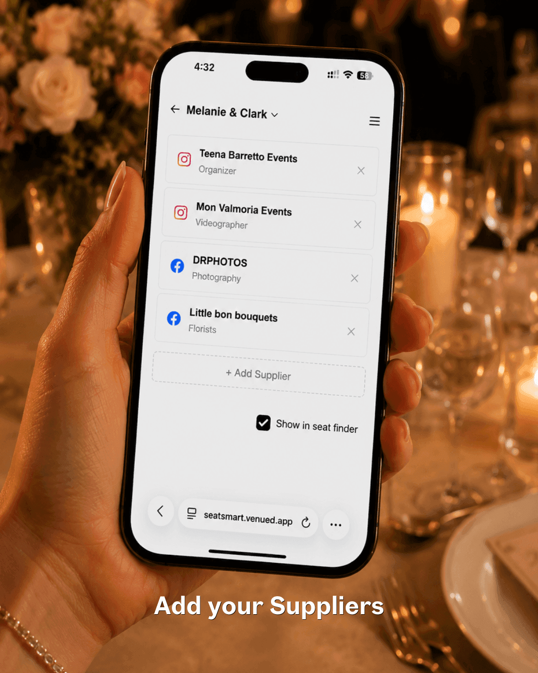 Organizer view showing added wedding suppliers in the Venued.app Suppliers screen with Add Supplier button