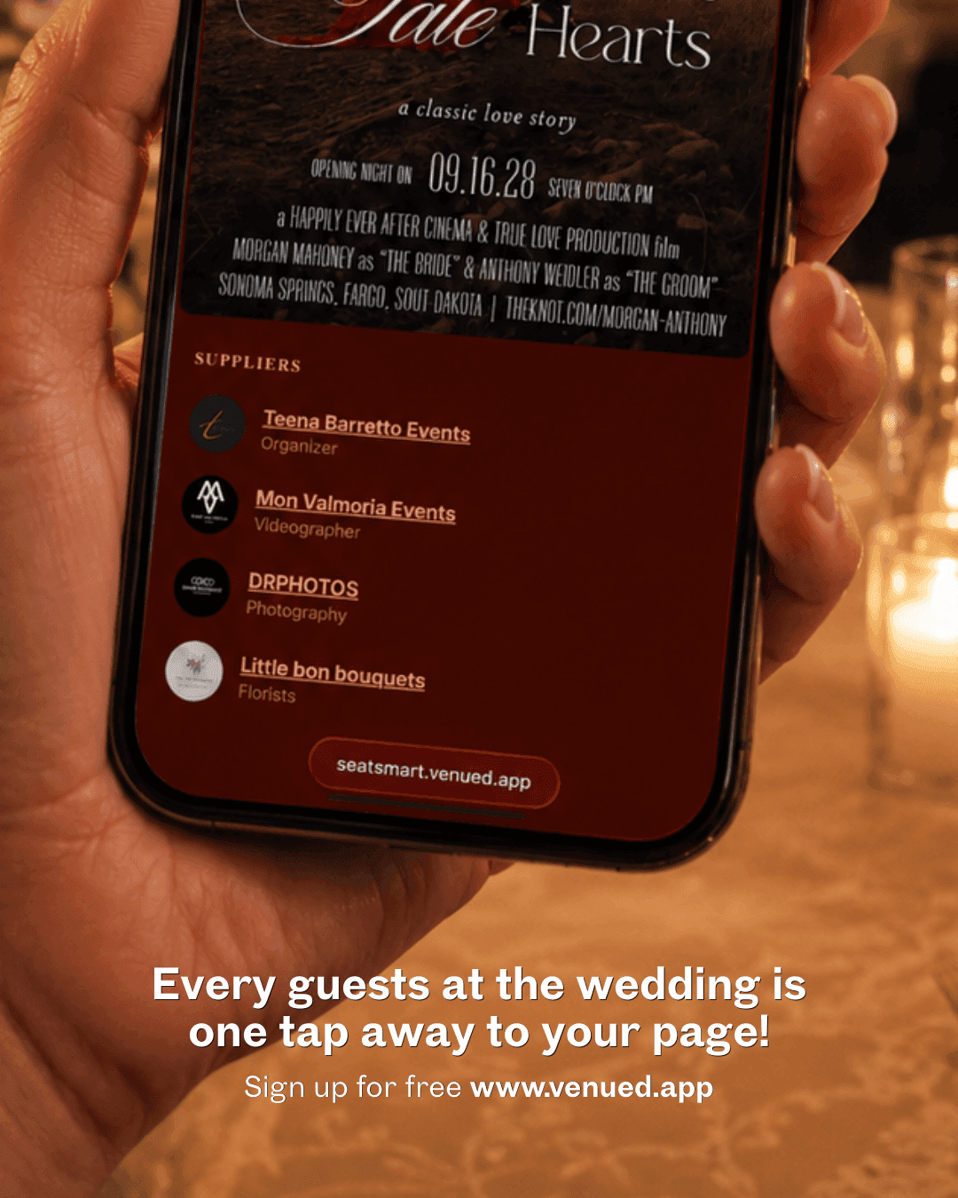 Guest-facing Find Your Seat page on Venued.app showing the SUPPLIERS section with vendor names and roles