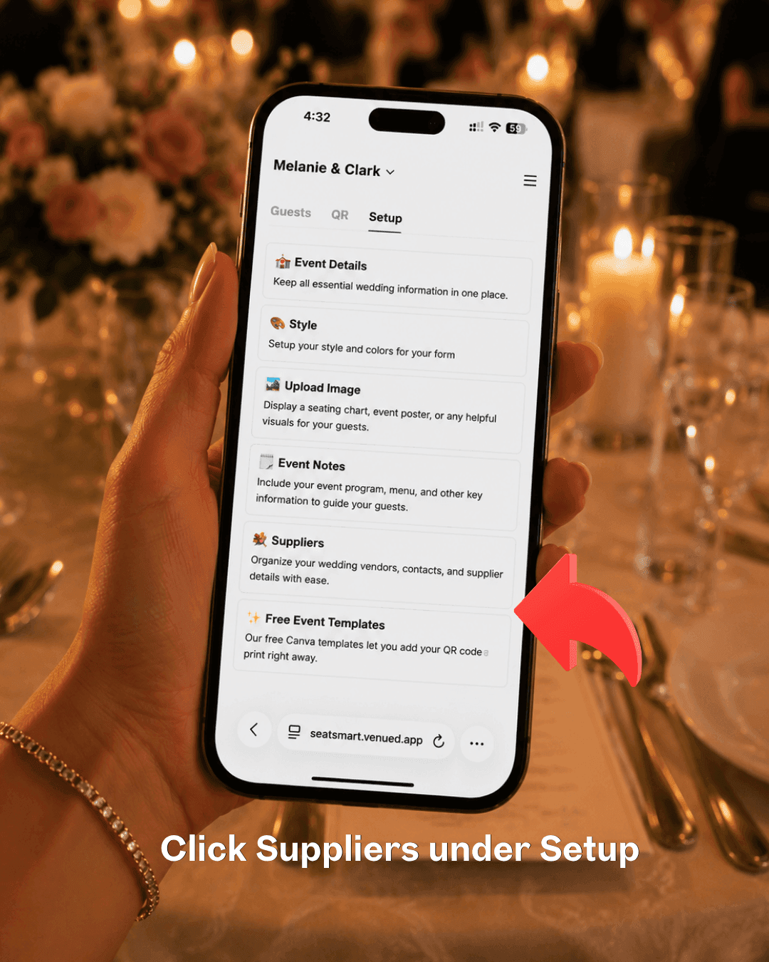 Venued.app event Setup tab showing the Suppliers option to tap