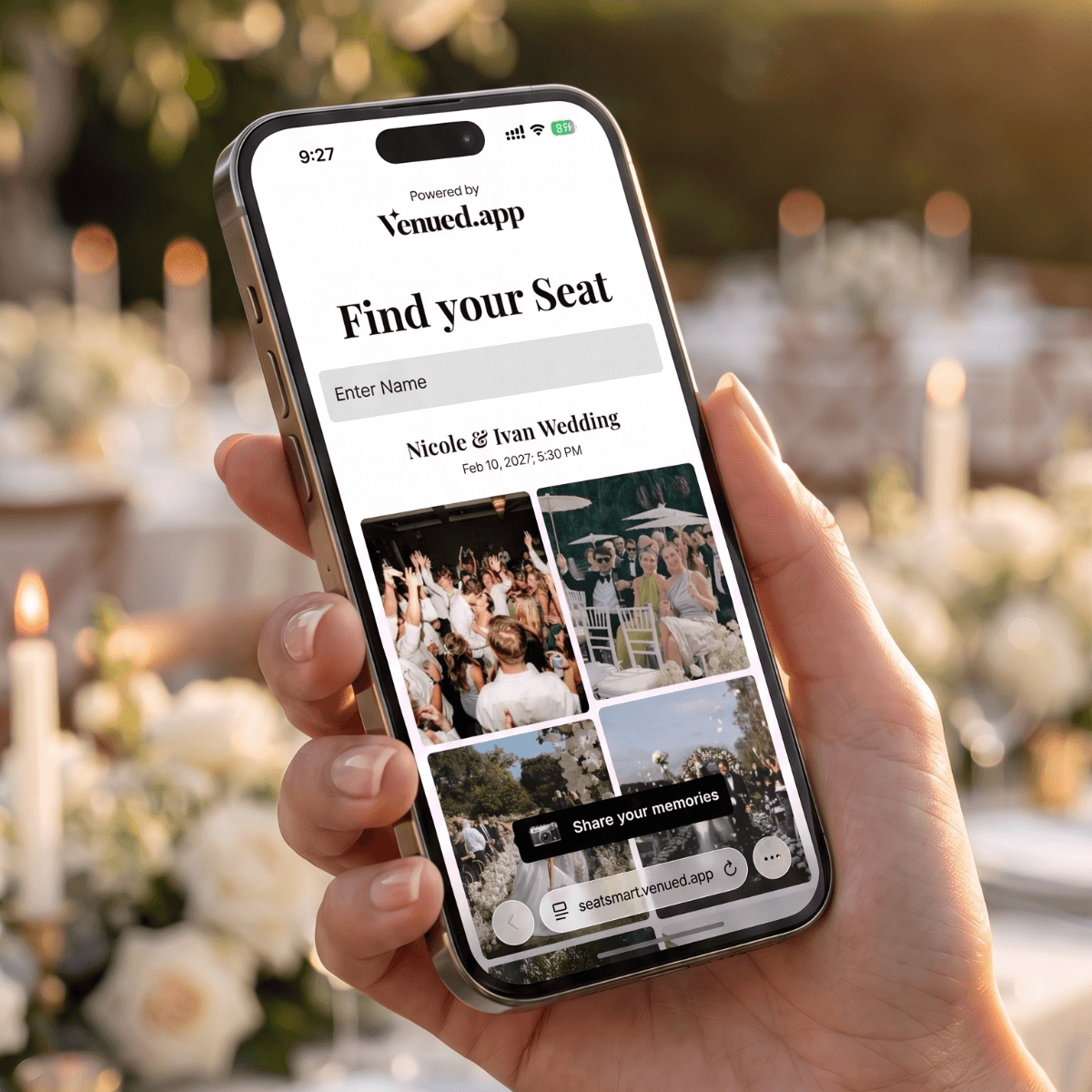 Guest using venued.app Find Your Seat on their phone to look up their wedding table number