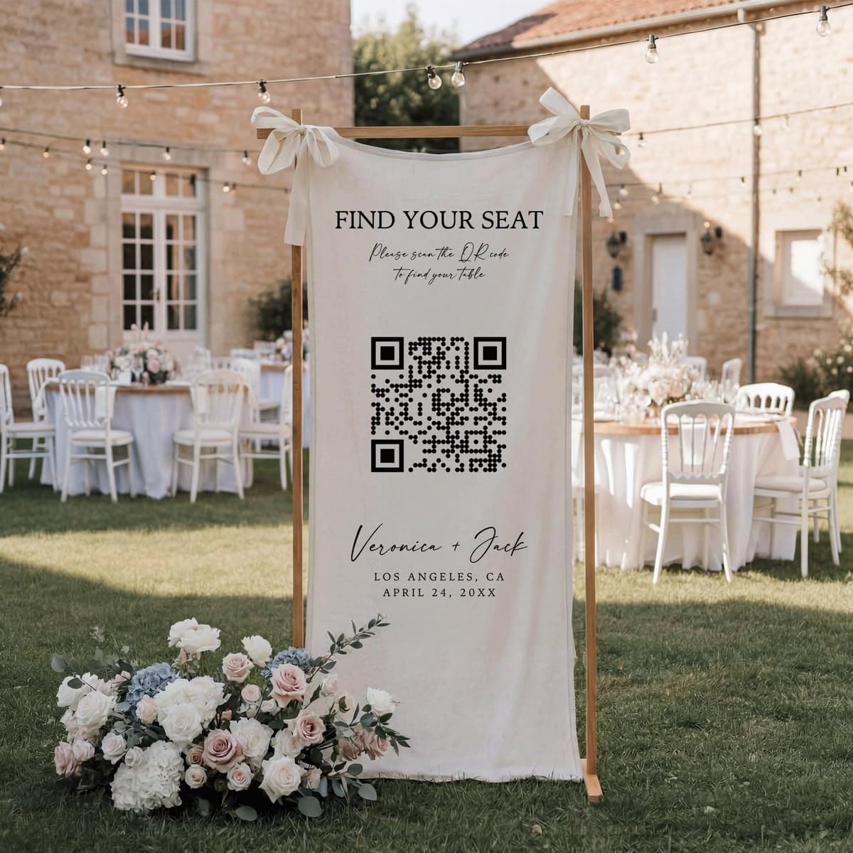 QR code wedding seating chart displayed at the reception entrance for guests to scan